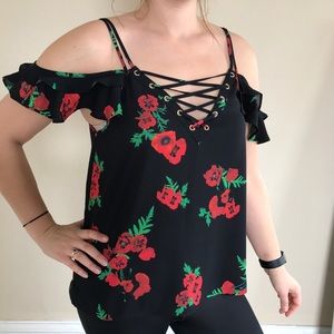 Express black and rose cold shoulder top - L